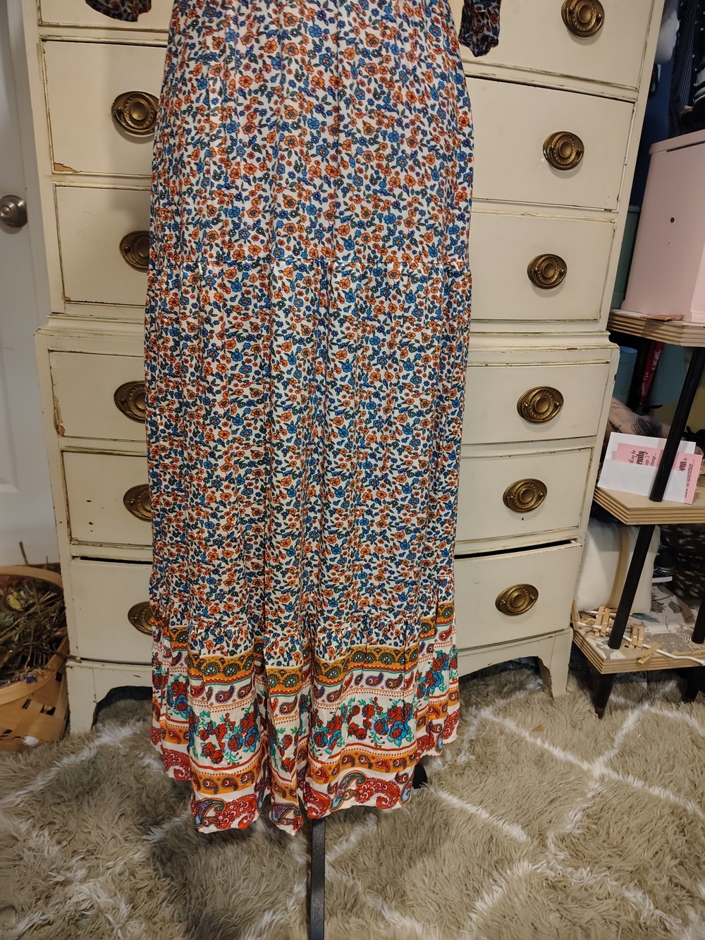Printed Bohemian V-Neck Maxi Dress in Orange, Red, Blue and Teal - Picture 7 of 16